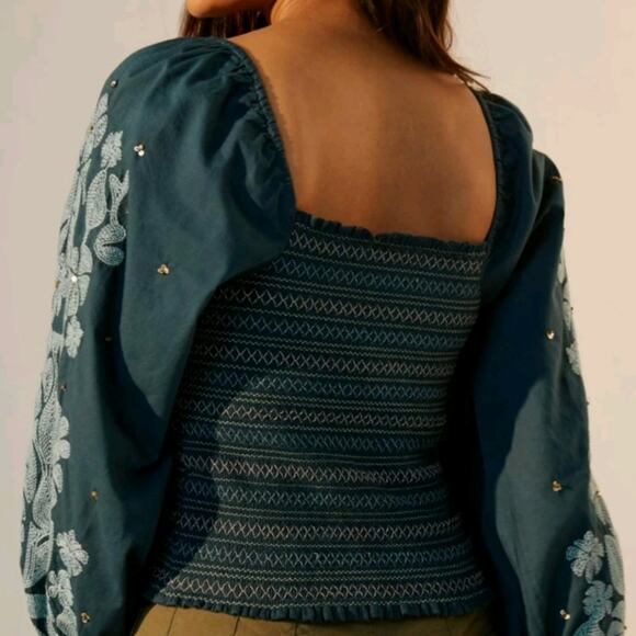 NEW Anthropologie Turquoise Embroidered Top - Picture 3 of 7